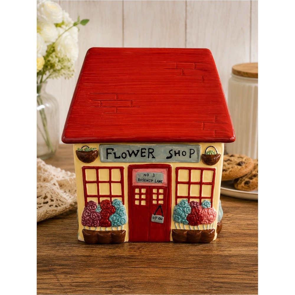 Vintage Flower Shop Ceramic Cookie Jar UK‎ Cottagecore 7.5″ Marks & Spencer